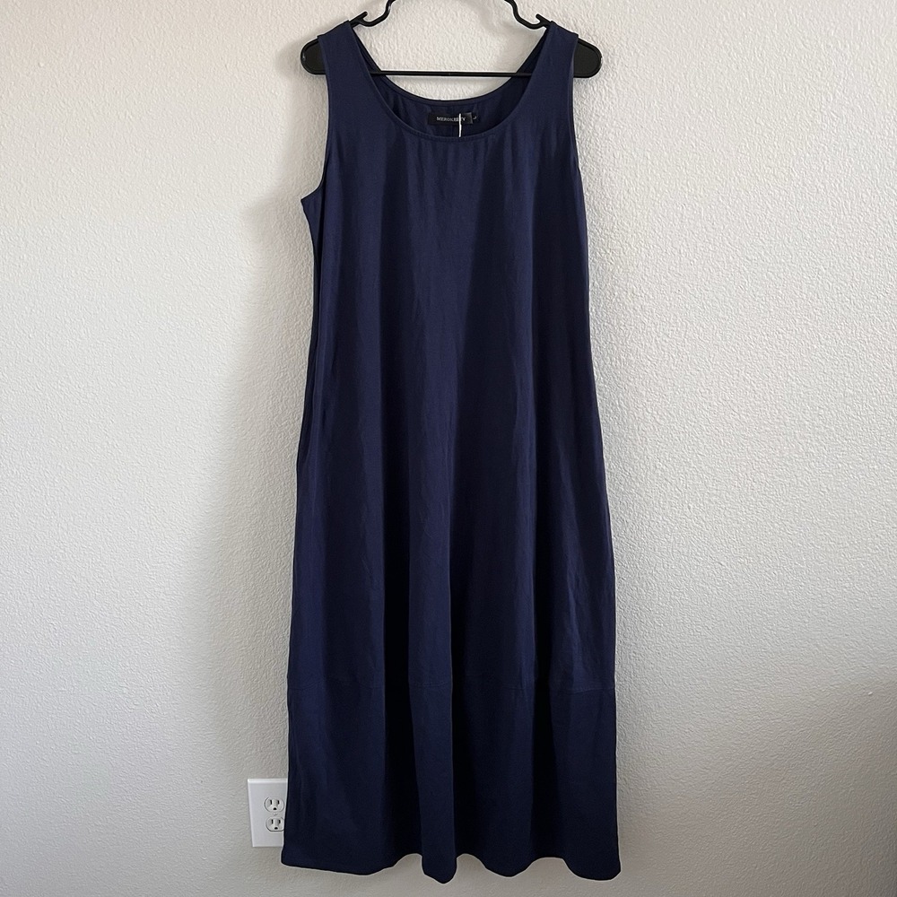 Merokeety Women's large midi Shift Dress Pockets Navy Sleeveless NWT